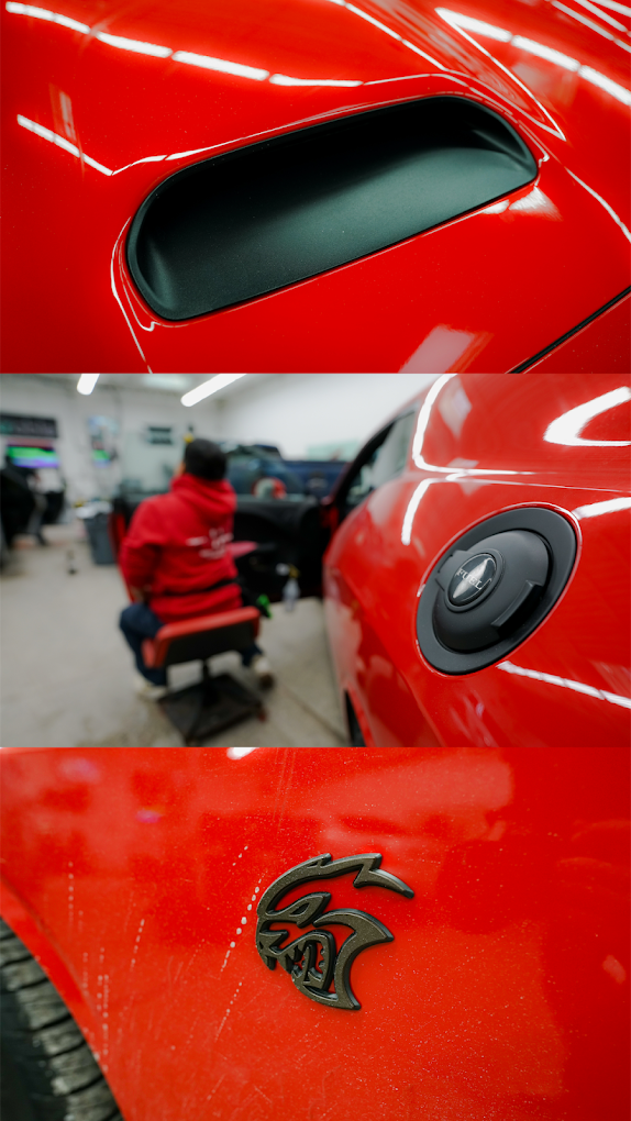 Red Dodge Challenger receiving detailed installation work at XTREME